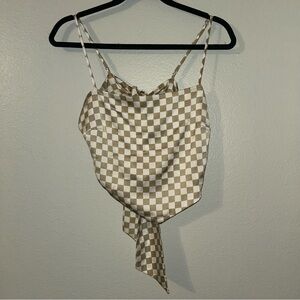 Woven Cathy Square Neck Checker Print Sleeveless Tie Detail Scarf Top